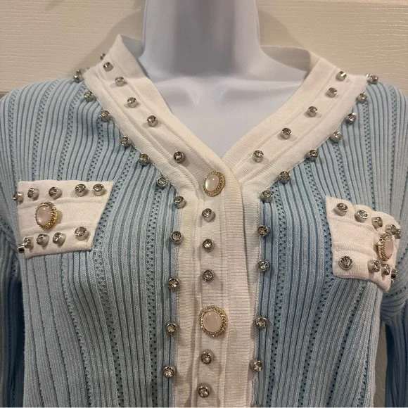 Baby Blue and White Knitted Cardigan With White Trim and Jewels - Picture 3 of 6